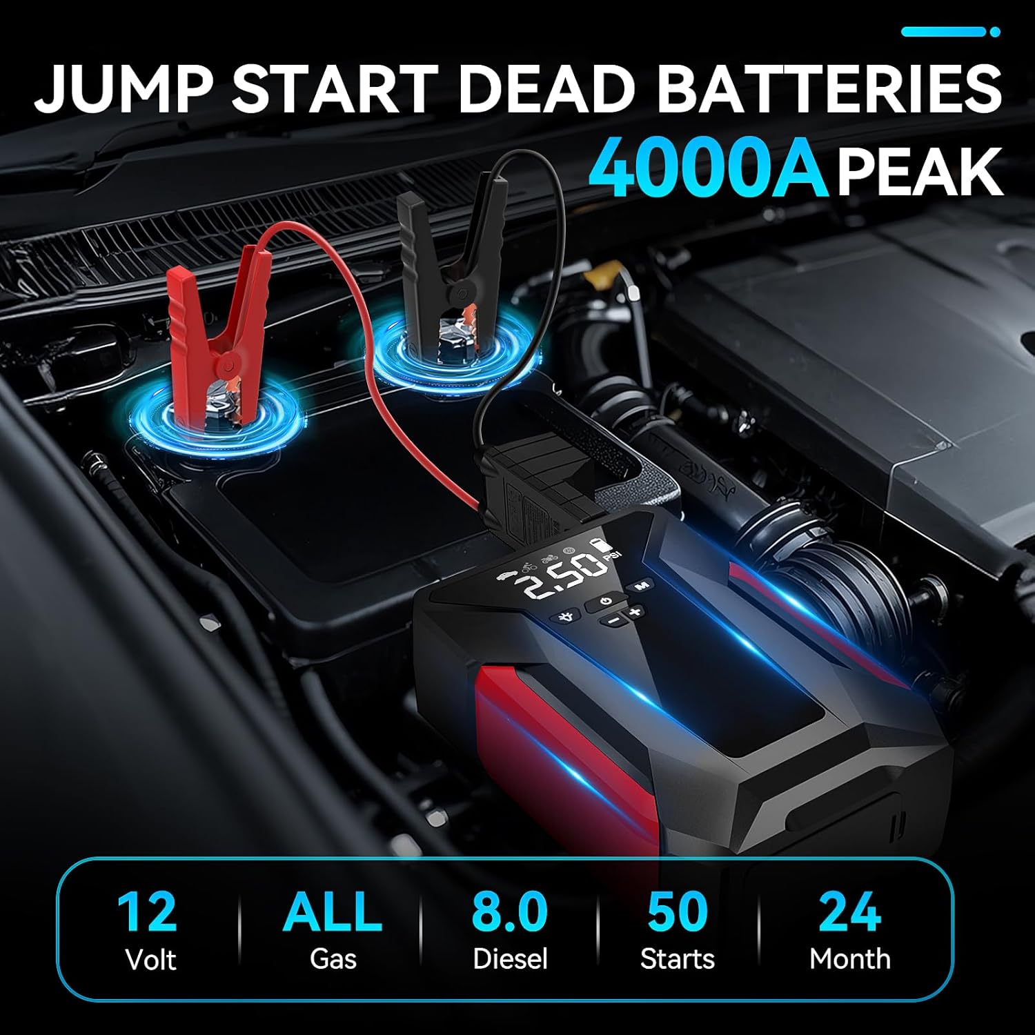 Jump Starter with Air Compressor,4000A Portable Car Battery Jump Starter (10L Gas/8.5L Diesel), 12V Battery Charger Booster,150PSI Auto-Shutoff Tire Inflator,Portable Jumper Cables, LED Light - Black