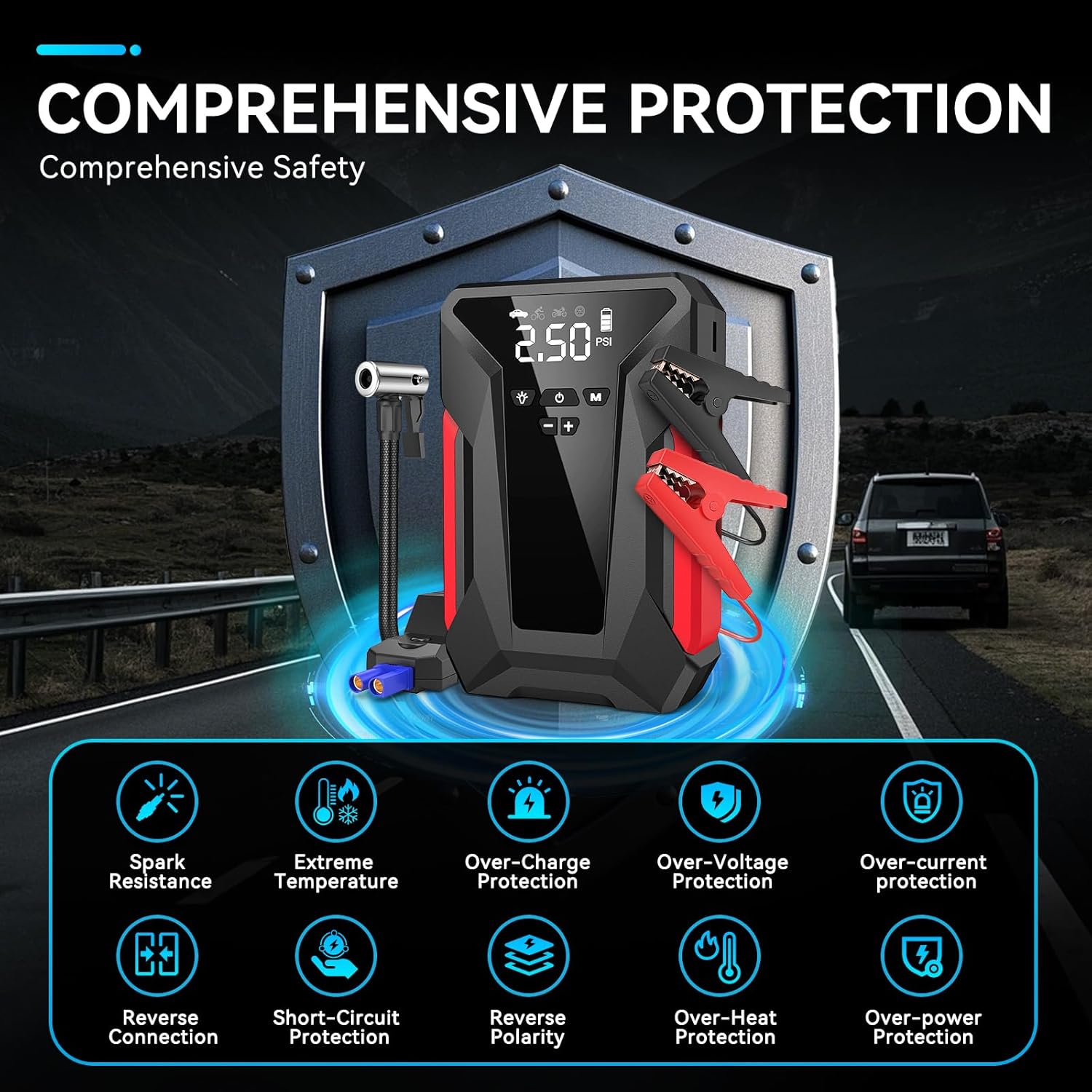 Jump Starter with Air Compressor,4000A Portable Car Battery Jump Starter (10L Gas/8.5L Diesel), 12V Battery Charger Booster,150PSI Auto-Shutoff Tire Inflator,Portable Jumper Cables, LED Light - Black