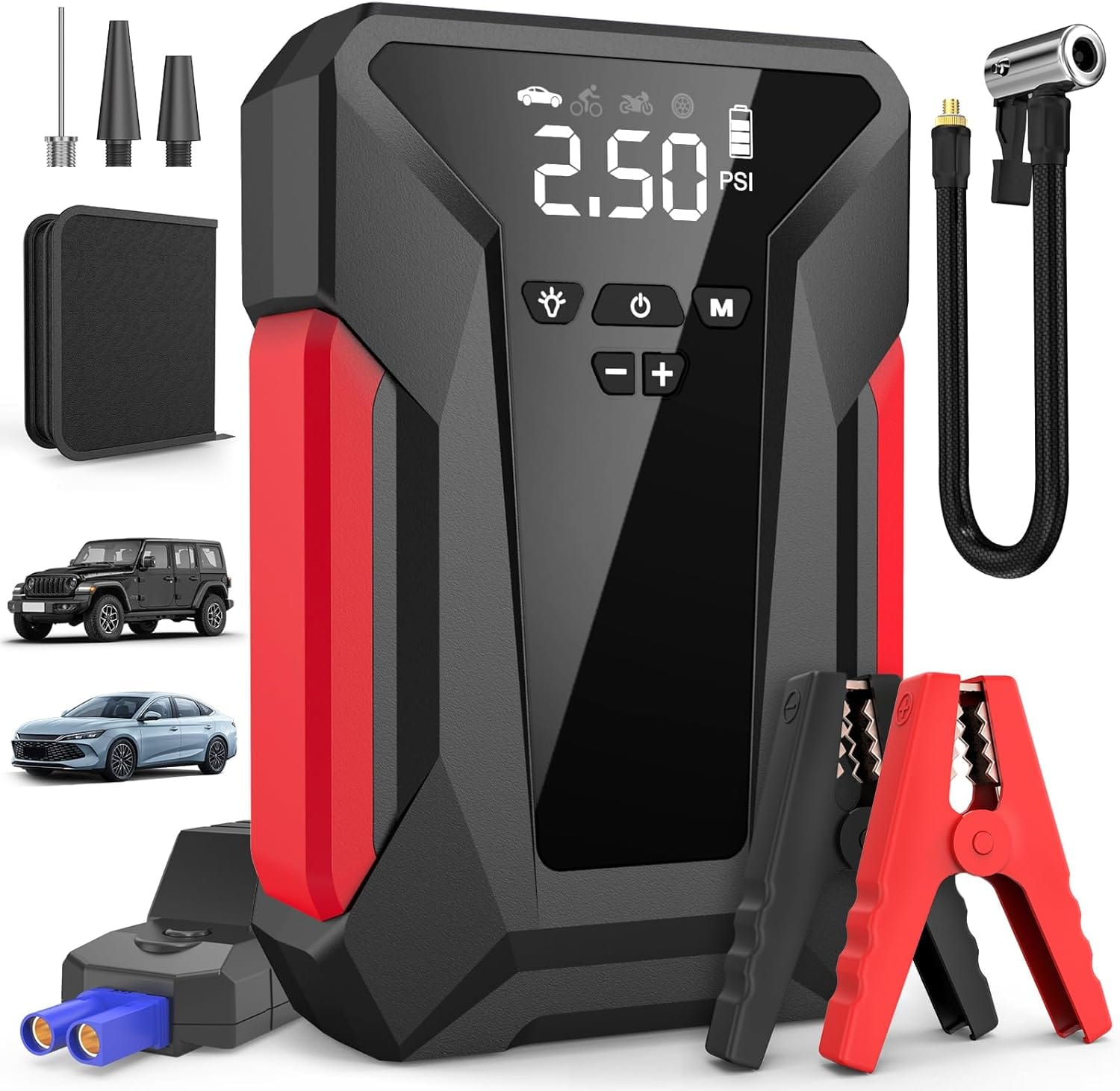 Jump Starter with Air Compressor,4000A Portable Car Battery Jump Starter (10L Gas/8.5L Diesel), 12V Battery Charger Booster,150PSI Auto-Shutoff Tire Inflator,Portable Jumper Cables, LED Light - Black