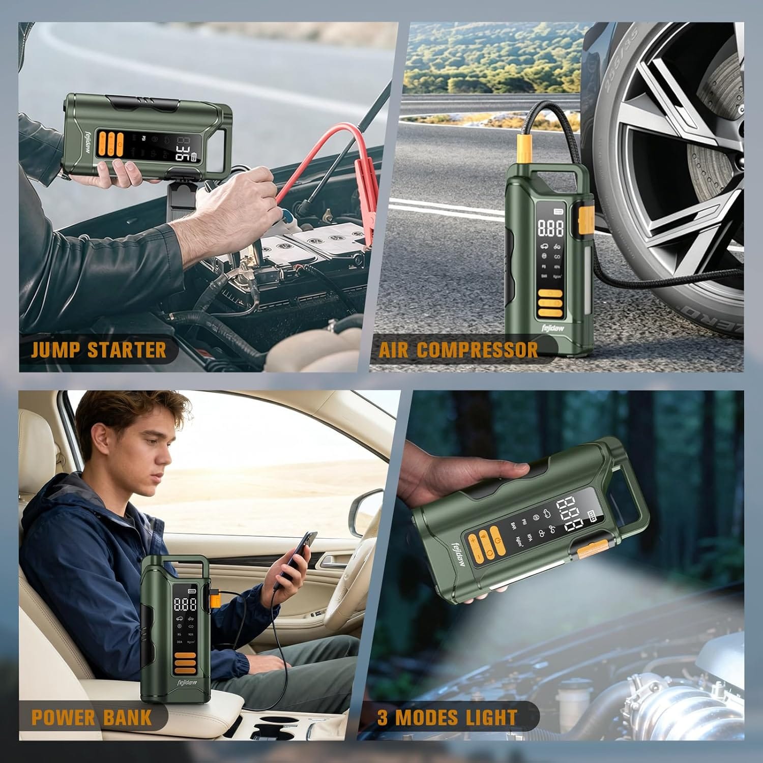 Jump Starter with Air Compressor,6000A Car Battery Jumper Starter, 20000mAh Battery Jumper Starter Portable for 10L Gas/Diesel Engine with 160PSI Booster,LED Display  Light,Jumper Cables