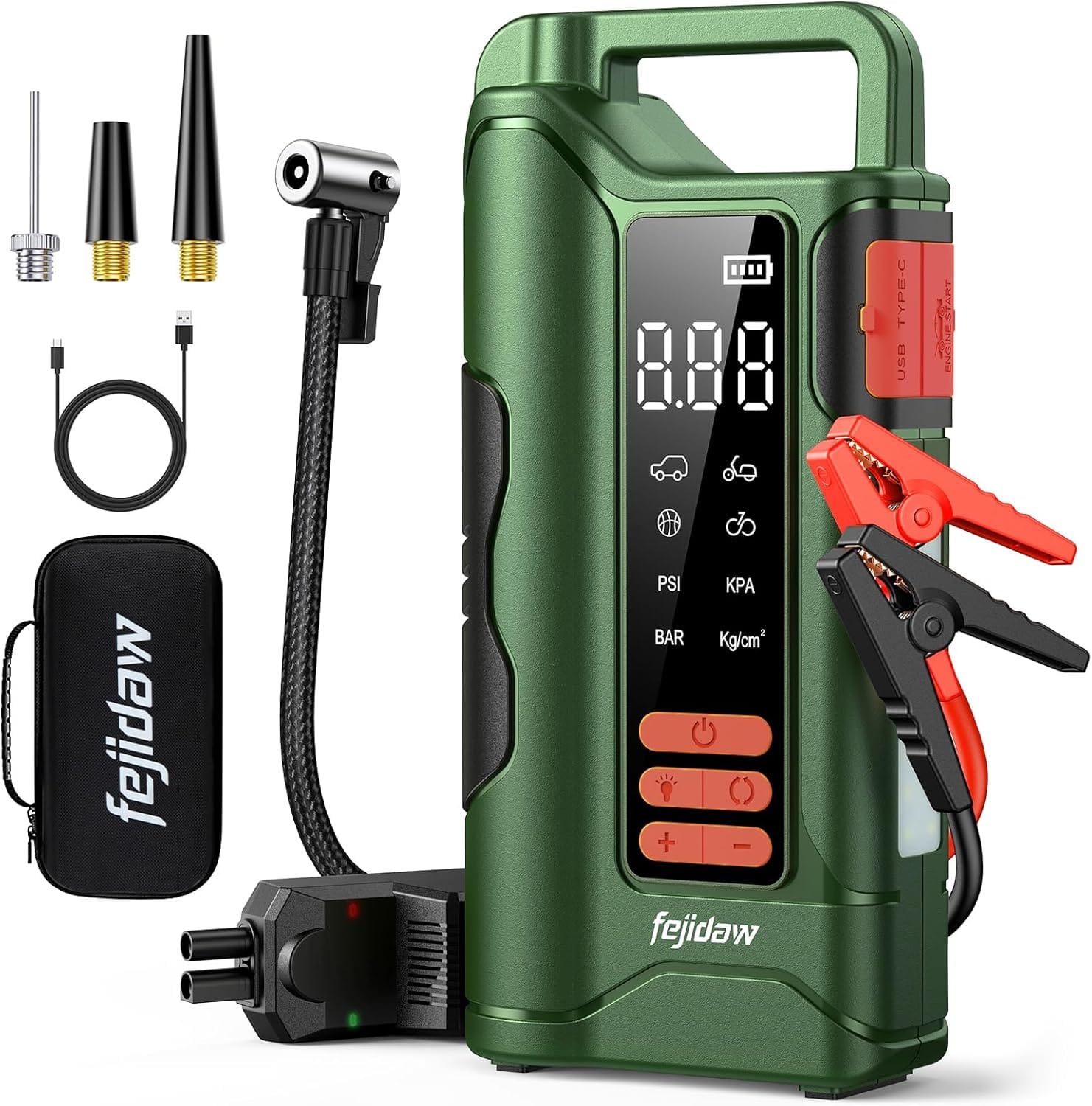 Jump Starter with Air Compressor,6000A Car Battery Jumper Starter, 20000mAh Battery Jumper Starter Portable for 10L Gas/Diesel Engine with 160PSI Booster,LED Display  Light,Jumper Cables