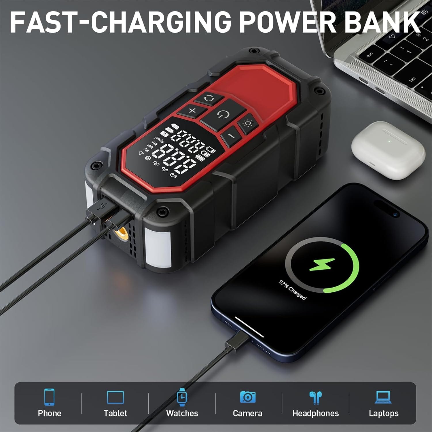Jump Starter with Air Compressor,Car Battery Jump Starter (9.0 Gasoline/6.5L Diesel) with 150PSI Digital tire inflator Portable,12V Power Pack Car Jump Box Charger with LCD Display, Lights