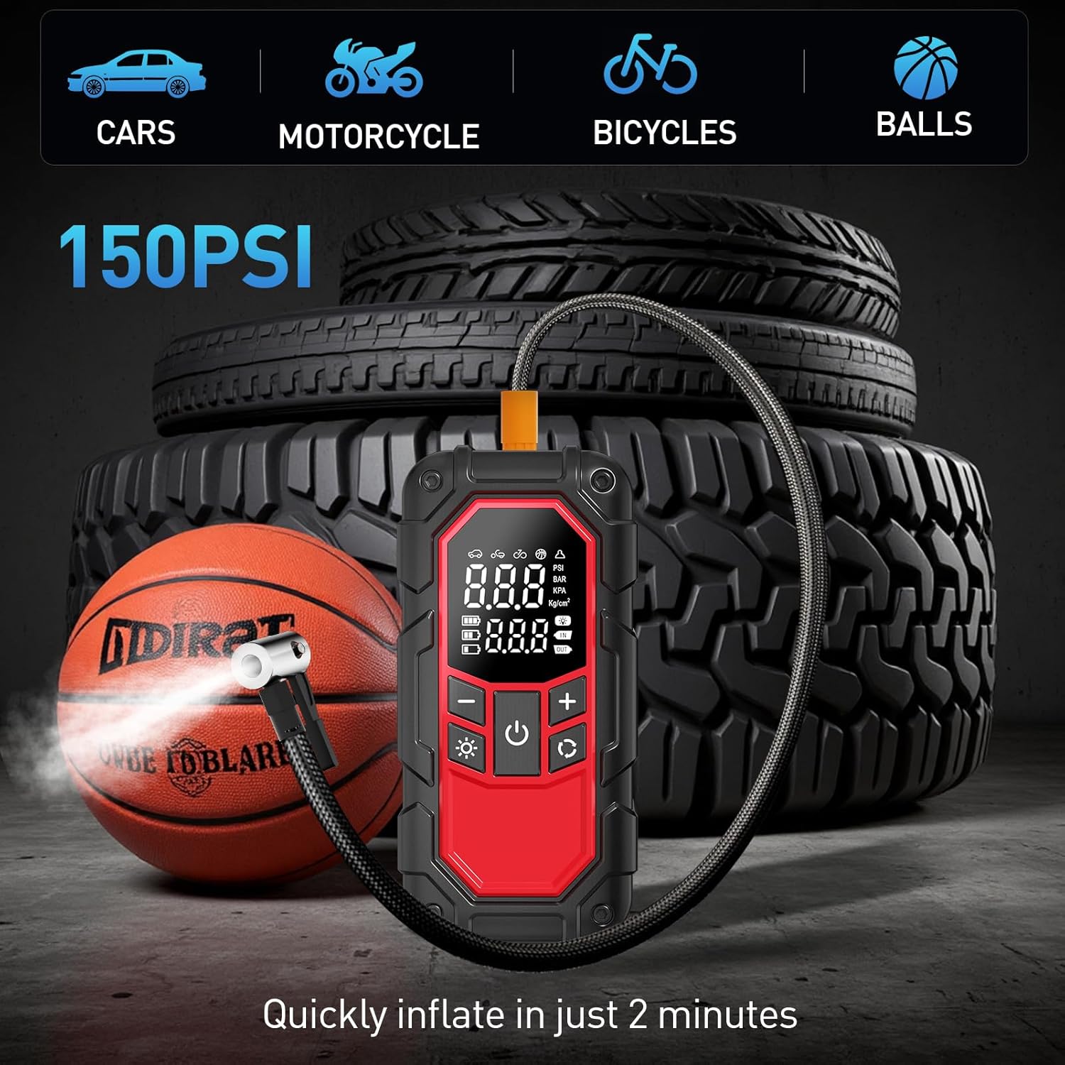Jump Starter with Air Compressor,Car Battery Jump Starter (9.0 Gasoline/6.5L Diesel) with 150PSI Digital tire inflator Portable,12V Power Pack Car Jump Box Charger with LCD Display, Lights