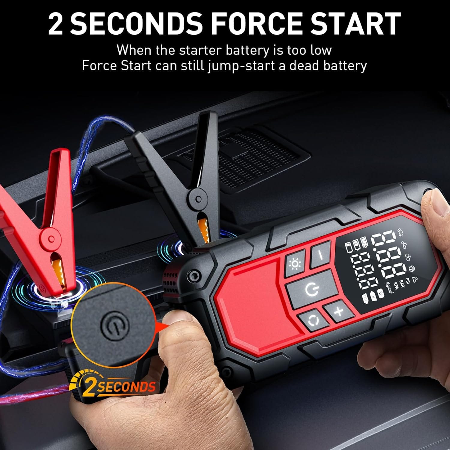 Jump Starter with Air Compressor,Car Battery Jump Starter (9.0 Gasoline/6.5L Diesel) with 150PSI Digital tire inflator Portable,12V Power Pack Car Jump Box Charger with LCD Display, Lights