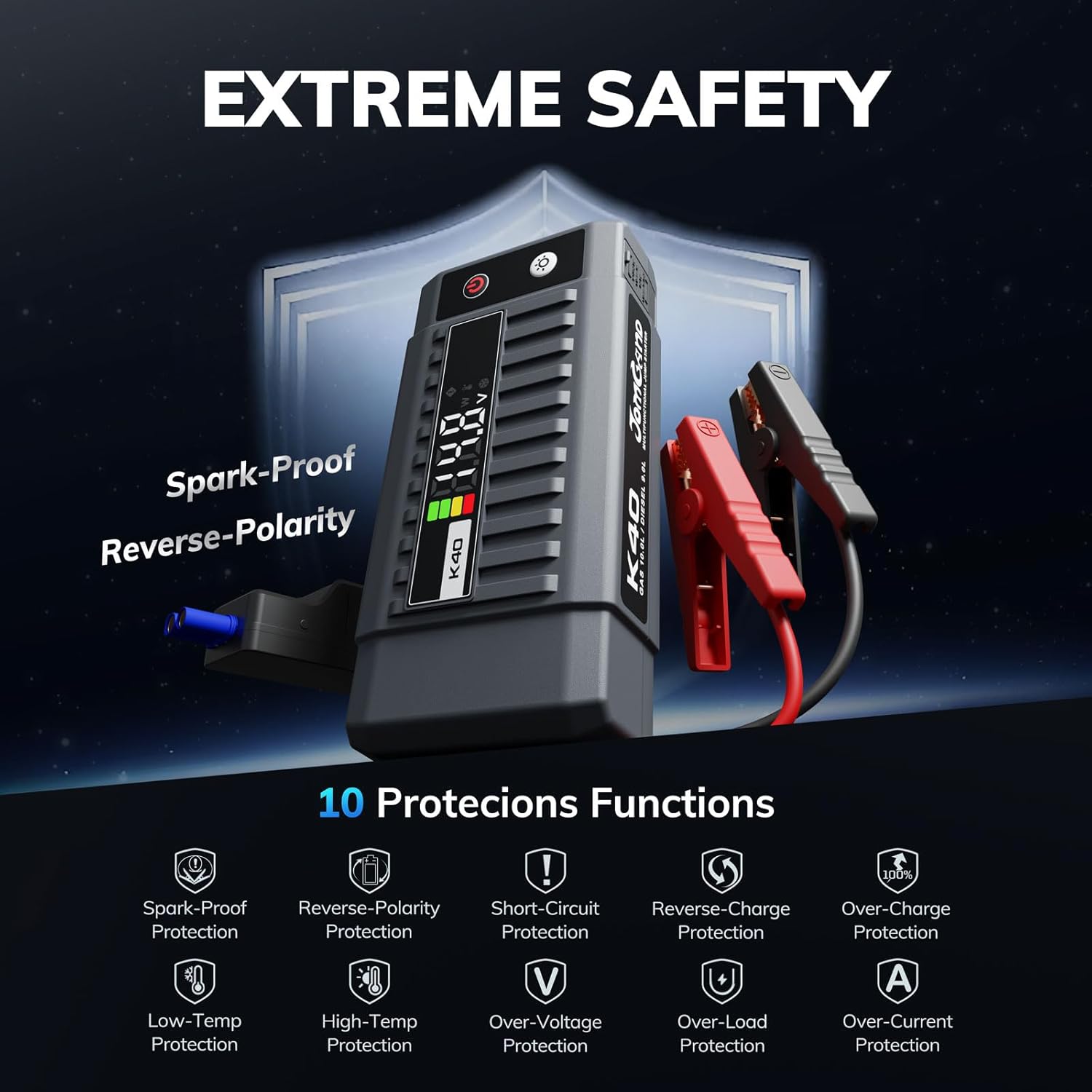 K40 Jump Starter 5000A Car Battery Booster Pack for Up to 10.0L Gas or 9.0L Diesel Engines, 12V Portable Jump Box with Extremely Safe Jumper Cable, USB/DC Charge and Mode Flashlight