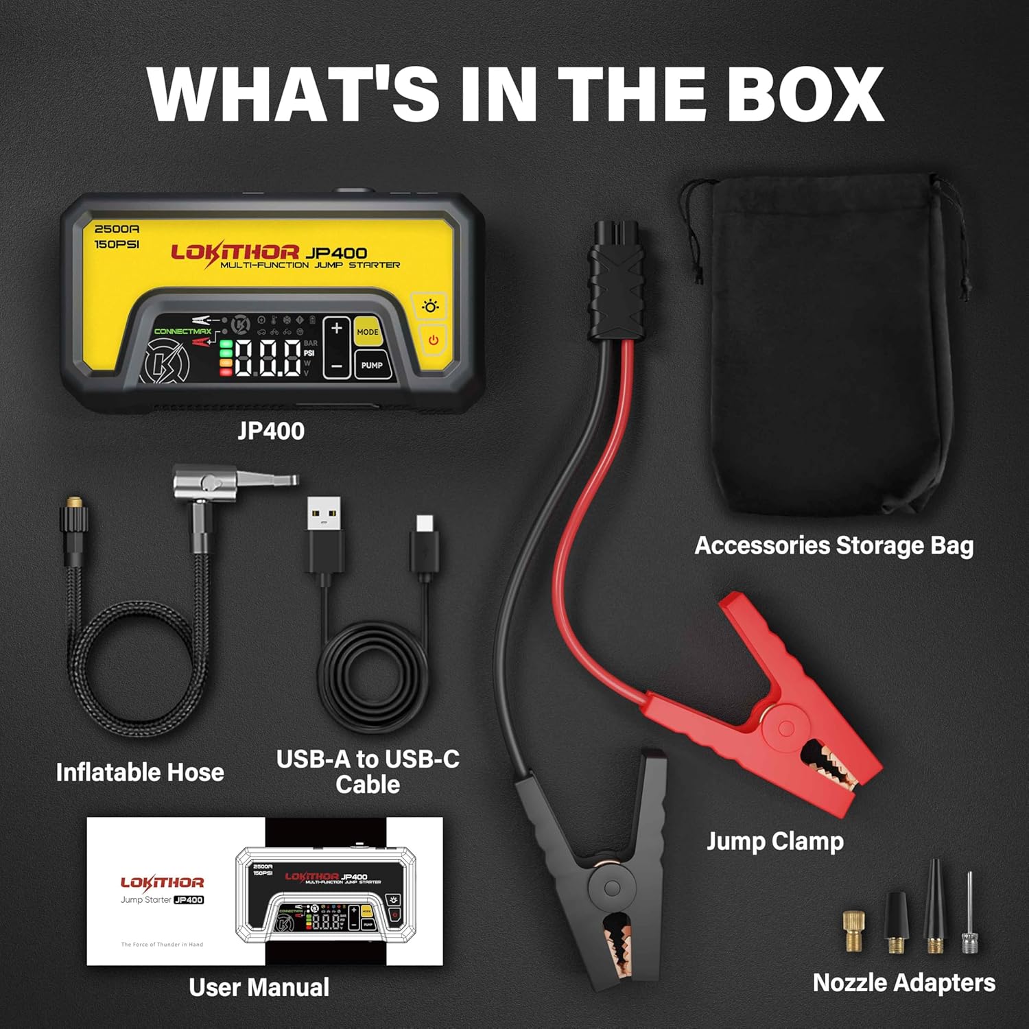LOKITHOR JP400 Jump Starter with Air Compressor, 2500A 12V Portable Car Battery Booster Pack (8.5L Gas/6.5L Diesel) with ConnectMax Tech, 150PSI Tire Inflator, Auto-Shutoff  Dynamic Dwell (Yellow)
