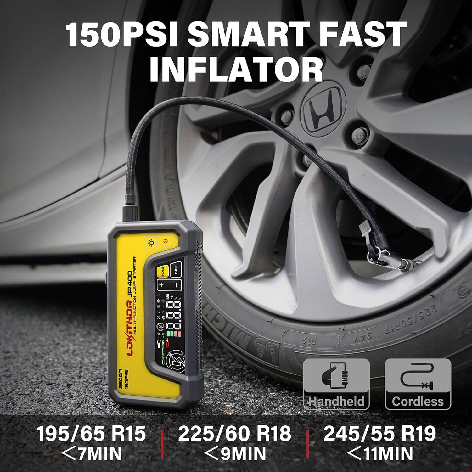 LOKITHOR JP400 Jump Starter with Air Compressor, 2500A 12V Portable Car Battery Booster Pack (8.5L Gas/6.5L Diesel) with ConnectMax Tech, 150PSI Tire Inflator, Auto-Shutoff  Dynamic Dwell (Yellow)