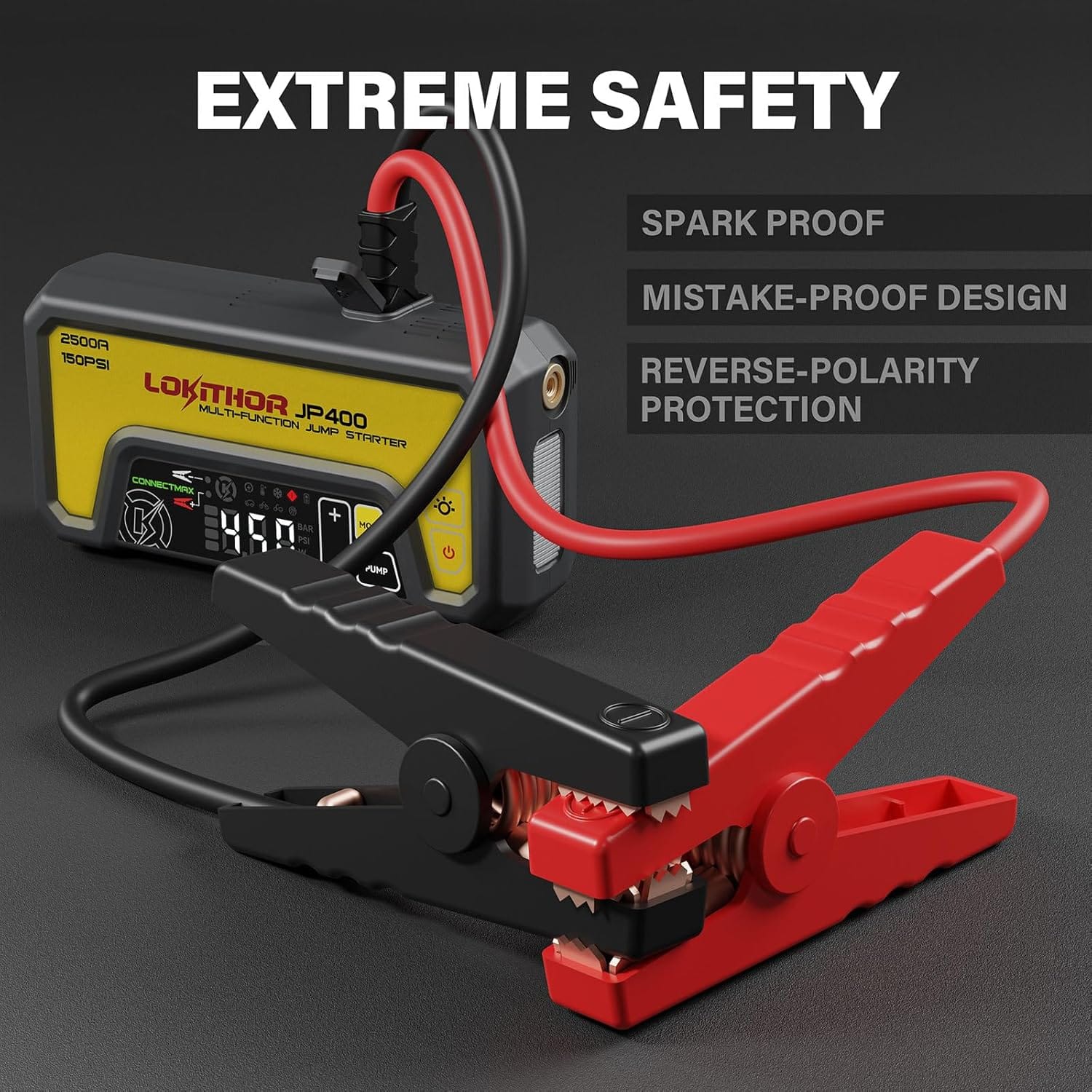 LOKITHOR JP400 Jump Starter with Air Compressor, 2500A 12V Portable Car Battery Booster Pack (8.5L Gas/6.5L Diesel) with ConnectMax Tech, 150PSI Tire Inflator, Auto-Shutoff  Dynamic Dwell (Yellow)