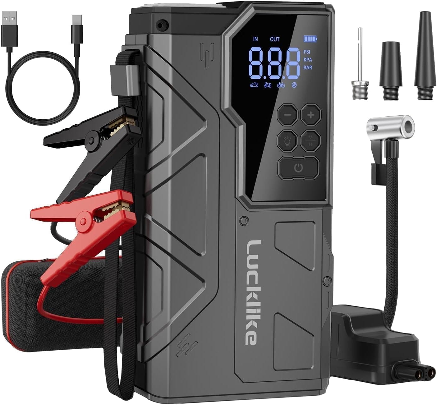 Lucklike W210 Jump Starter with Air Compressor PSI, 12V 6000A Peak Lithium Car Battery Jump Starter for All Gas and 10.0L Diesel, 80.66Wh Booster Jump Box Pack with LED Light, Jumper Cables Lucklike W210 Jump Starter with Air Compressor PSI, 12V 6000A Peak Lithium Car Battery Jump Starter for All Gas and 10.0L Diesel, 80.66Wh Booster Jump Box Pack with LED Light, Jumper Cables