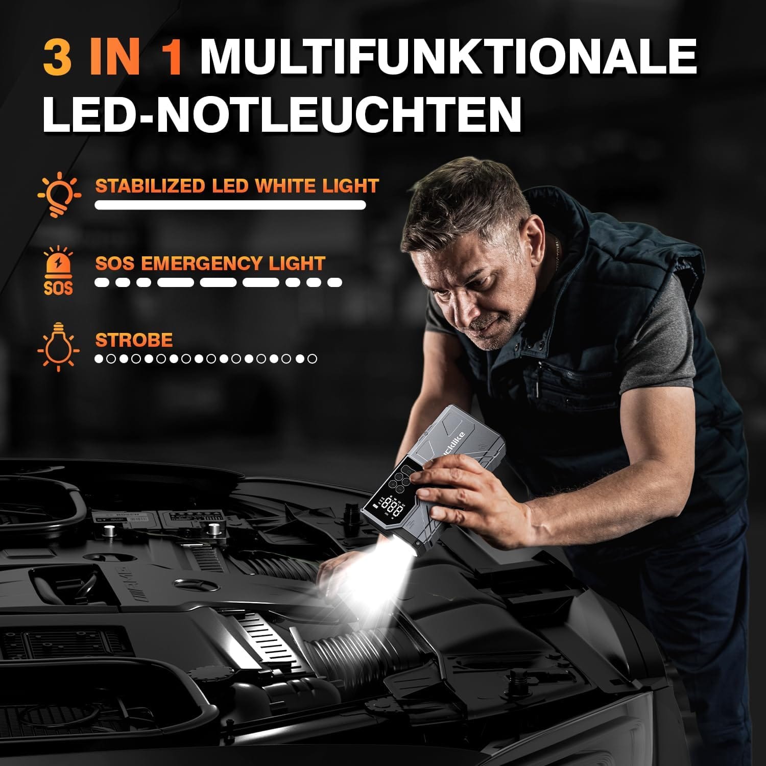 Lucklike W210 Jump Starter with Air Compressor PSI, 12V 6000A Peak Lithium Car Battery Jump Starter for All Gas and 10.0L Diesel, 80.66Wh Booster Jump Box Pack with LED Light, Jumper Cables Lucklike W210 Jump Starter with Air Compressor PSI, 12V 6000A Peak Lithium Car Battery Jump Starter for All Gas and 10.0L Diesel, 80.66Wh Booster Jump Box Pack with LED Light, Jumper Cables