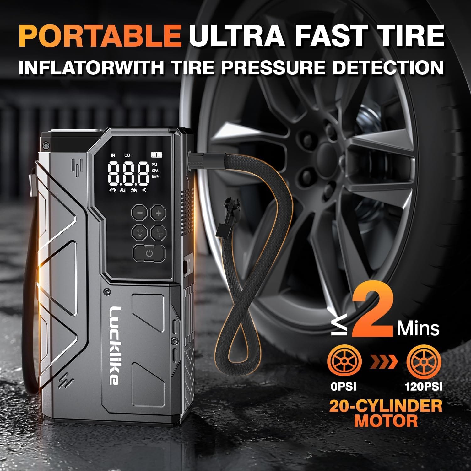 Lucklike W210 Jump Starter with Air Compressor PSI, 12V 6000A Peak Lithium Car Battery Jump Starter for All Gas and 10.0L Diesel, 80.66Wh Booster Jump Box Pack with LED Light, Jumper Cables Lucklike W210 Jump Starter with Air Compressor PSI, 12V 6000A Peak Lithium Car Battery Jump Starter for All Gas and 10.0L Diesel, 80.66Wh Booster Jump Box Pack with LED Light, Jumper Cables