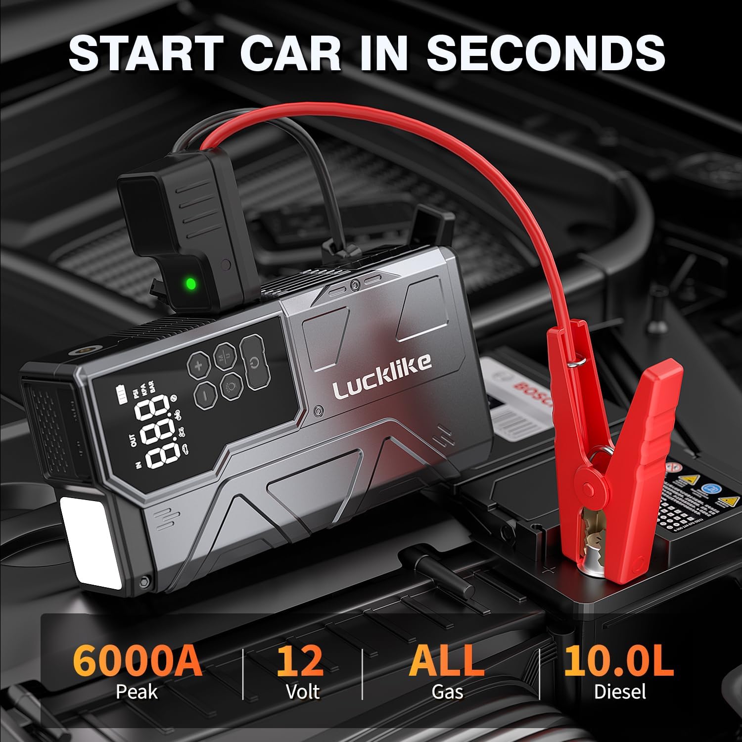 Lucklike W210 Jump Starter with Air Compressor PSI, 12V 6000A Peak Lithium Car Battery Jump Starter for All Gas and 10.0L Diesel, 80.66Wh Booster Jump Box Pack with LED Light, Jumper Cables Lucklike W210 Jump Starter with Air Compressor PSI, 12V 6000A Peak Lithium Car Battery Jump Starter for All Gas and 10.0L Diesel, 80.66Wh Booster Jump Box Pack with LED Light, Jumper Cables