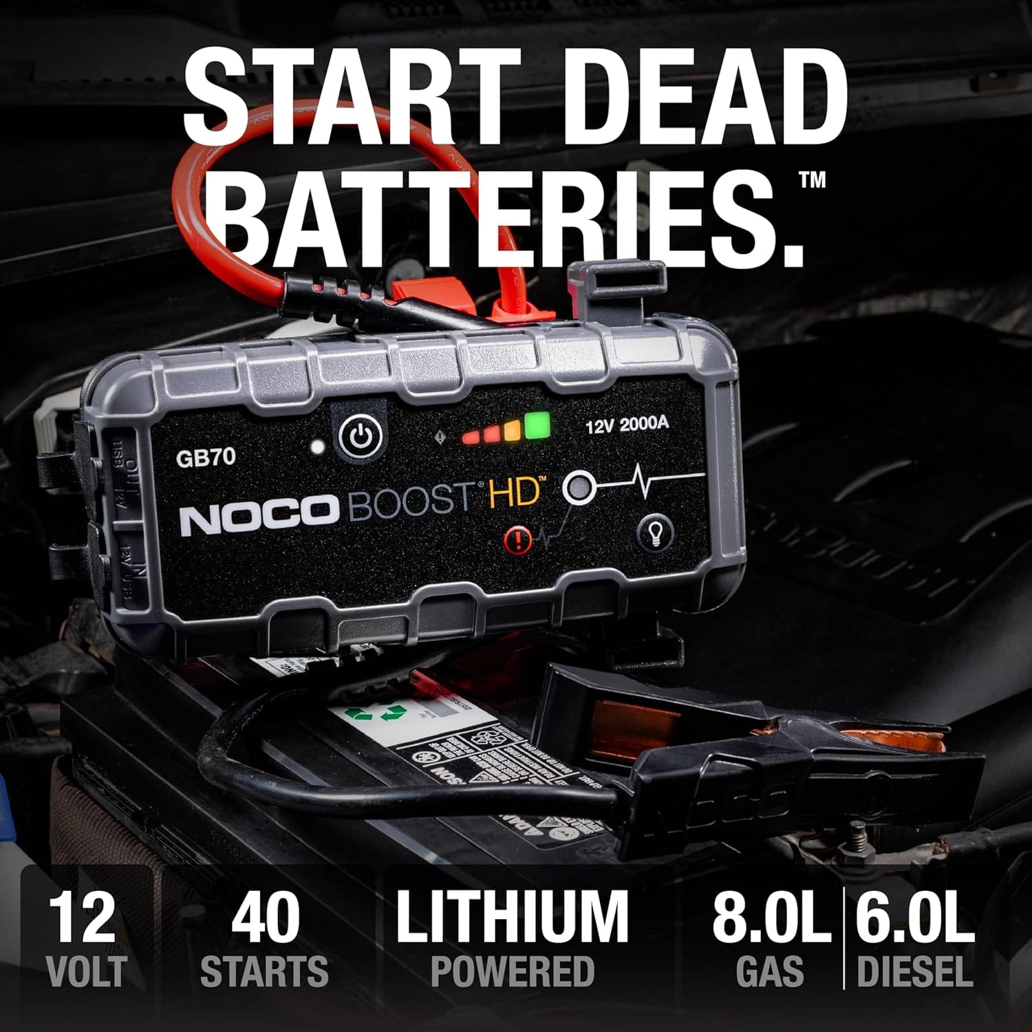 NOCO Boost GB70: 2000A UltraSafe Jump Starter – 12V Lithium Battery Booster Pack, Portable Jump Box, Power Bank  Jumper Cables - for 8.0L Gas and 6.0L Diesel Engines