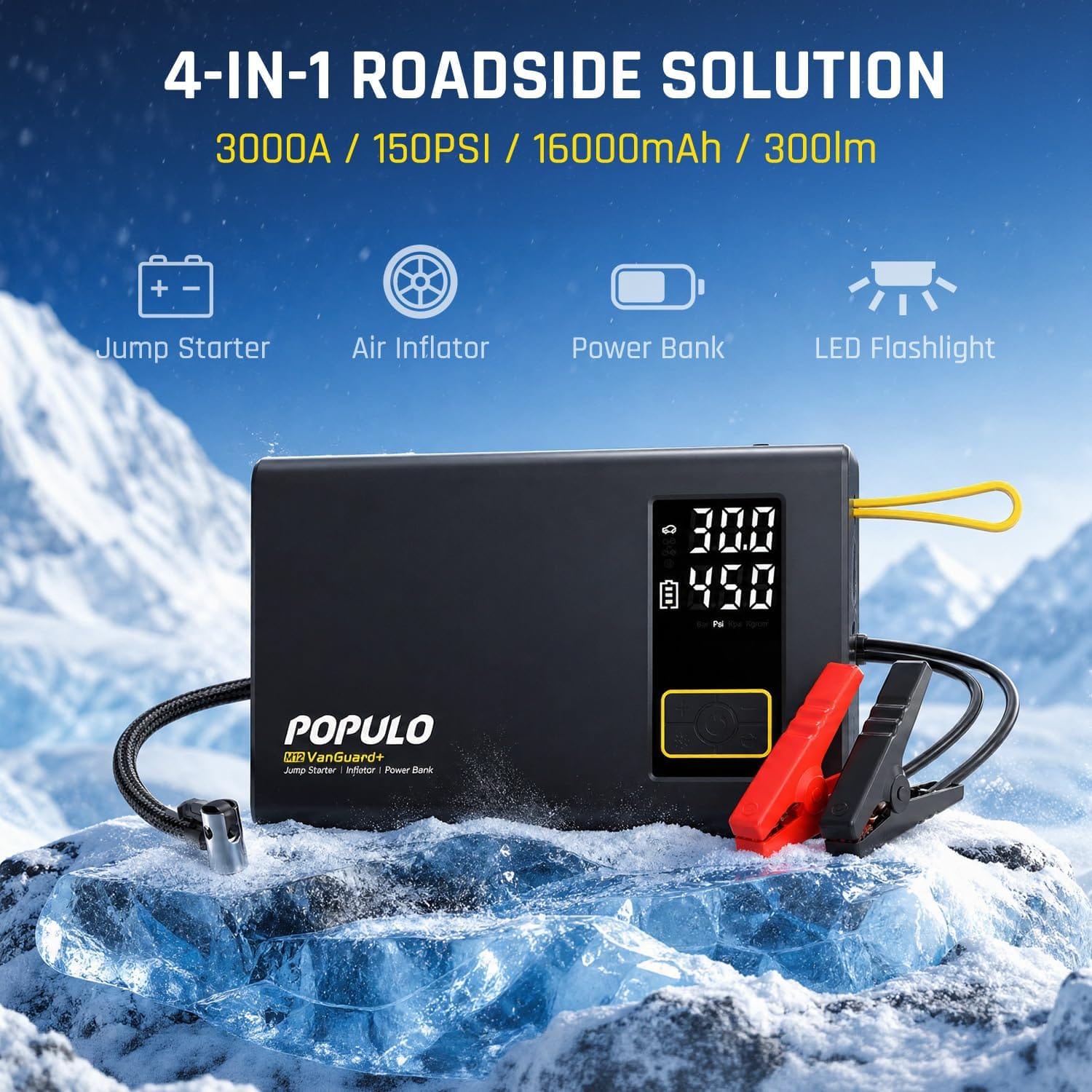POPULO 3000A Car Jump Starter with Air Compressor, 12V 59.2Wh Portable Booster Pack Box with 150PSI Digital Tire Inflator, Extended Smart Clamps, 4-in-1 Auto Battery Starter (9.0L Gas/6.5L Diesel)