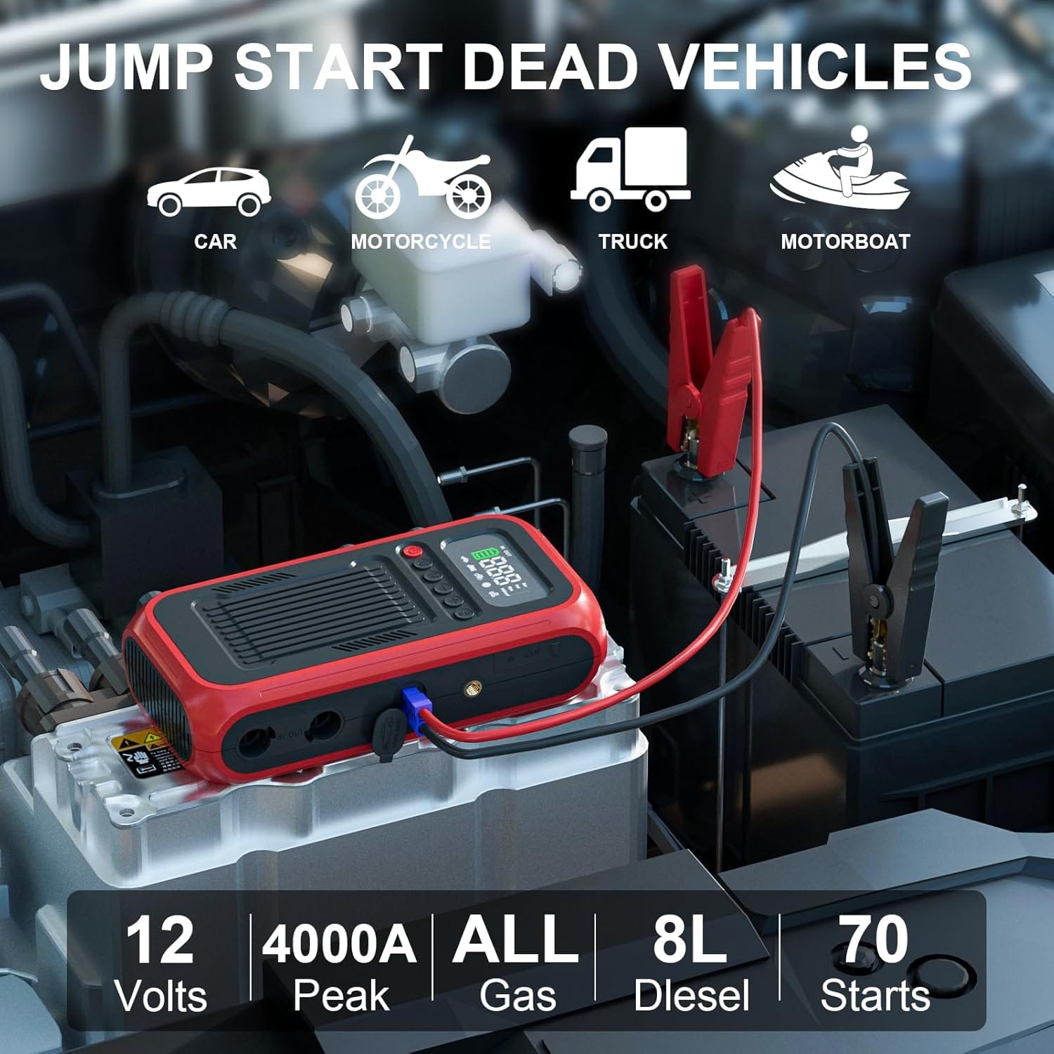 Portable Air Compressor with Jump Starter, PSI Digital Tire Inflator 4000A Car Battery Jumper Box with 20000mAh Power Bank, Auto Shut-off Cordless Air Pump for Cars, Trucks, Motorcycles, Bikes Portable Air Compressor with Jump Starter, PSI Digital Tire Inflator 4000A Car Battery Jumper Box with 20000mAh Power Bank, Auto Shut-off Cordless Air Pump for Cars, Trucks, Motorcycles, Bikes