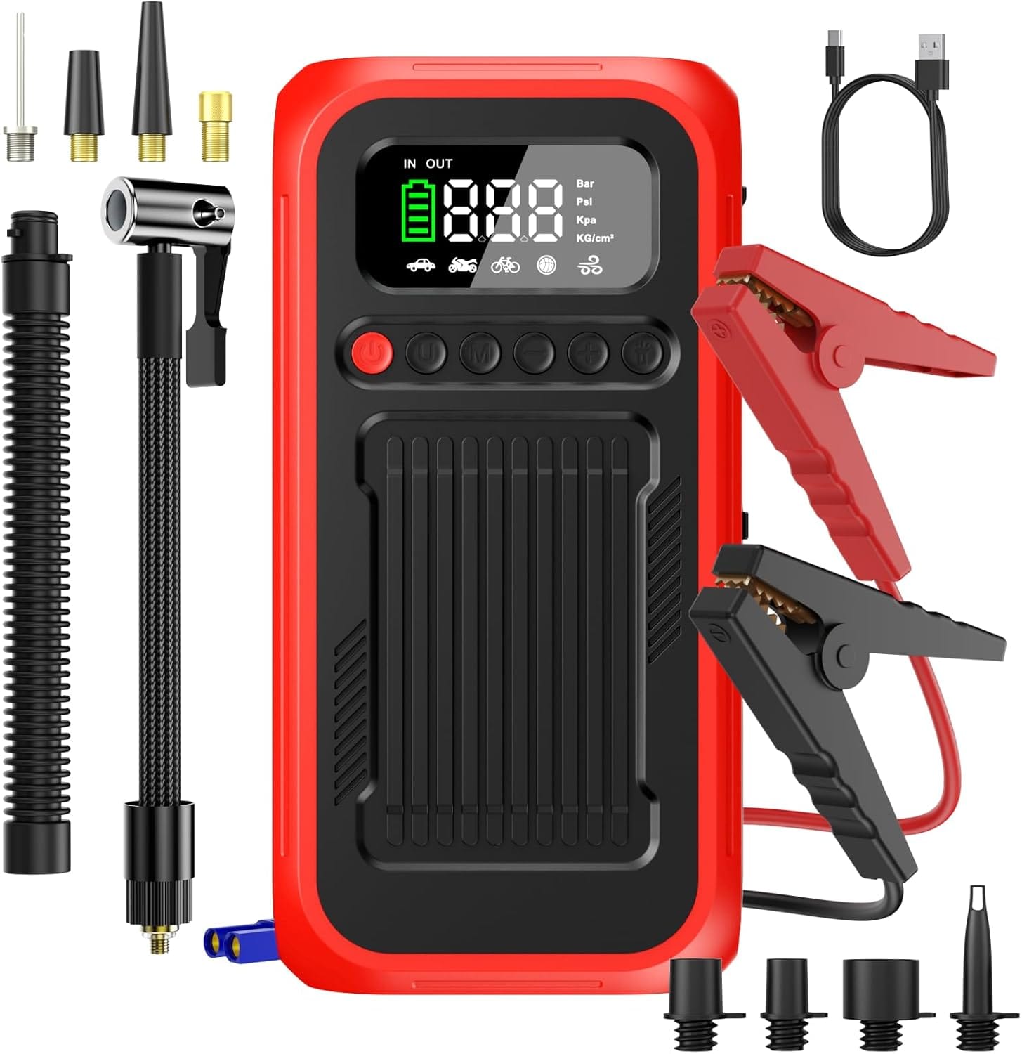 Portable Air Compressor with Jump Starter, PSI Digital Tire Inflator 4000A Car Battery Jumper Box with 20000mAh Power Bank, Auto Shut-off Cordless Air Pump for Cars, Trucks, Motorcycles, Bikes Portable Air Compressor with Jump Starter, PSI Digital Tire Inflator 4000A Car Battery Jumper Box with 20000mAh Power Bank, Auto Shut-off Cordless Air Pump for Cars, Trucks, Motorcycles, Bikes