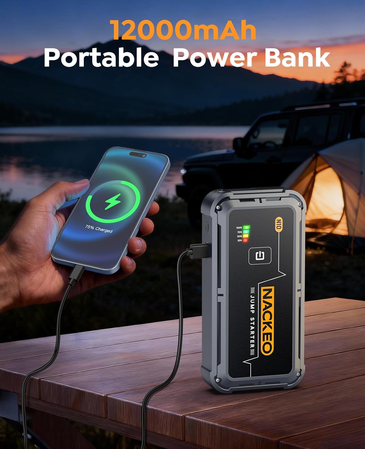 Portable Car Battery Jump Starter 5000A Car Jump Starter Battery Pack (9.0L Gas/8.5L Diesel), 12V Jump Box Car Battery Jumper Starter Portable Jumper Cables, Fast Charge, Lights, Compact