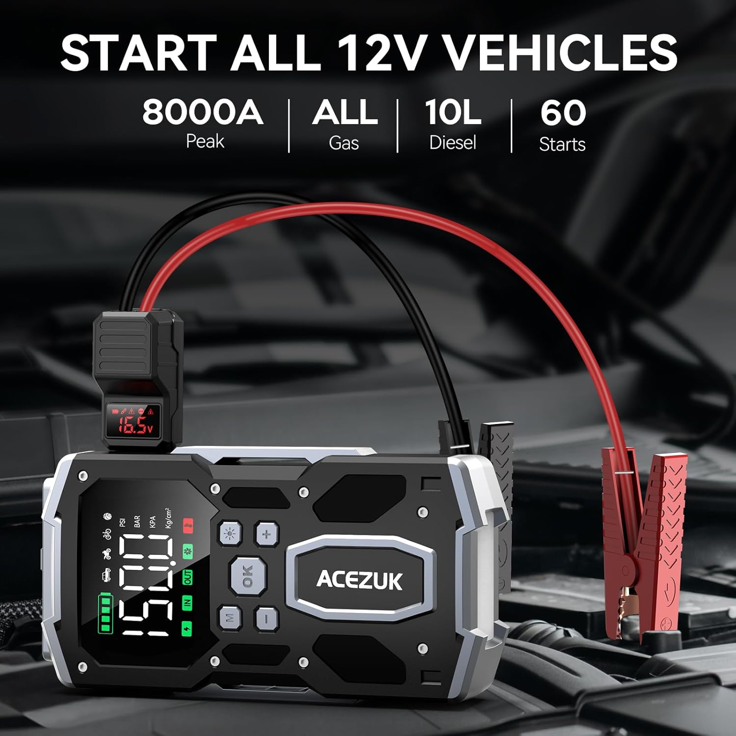 Portable Car Jump Starter with Air Compressor, ACEZUK 150PSI 8000A Jump Starter (All Gas/10.0L Diesel), 12V Battery Jump Box Car Battery Jumper Starter with 3.4 LCD Display, Lights