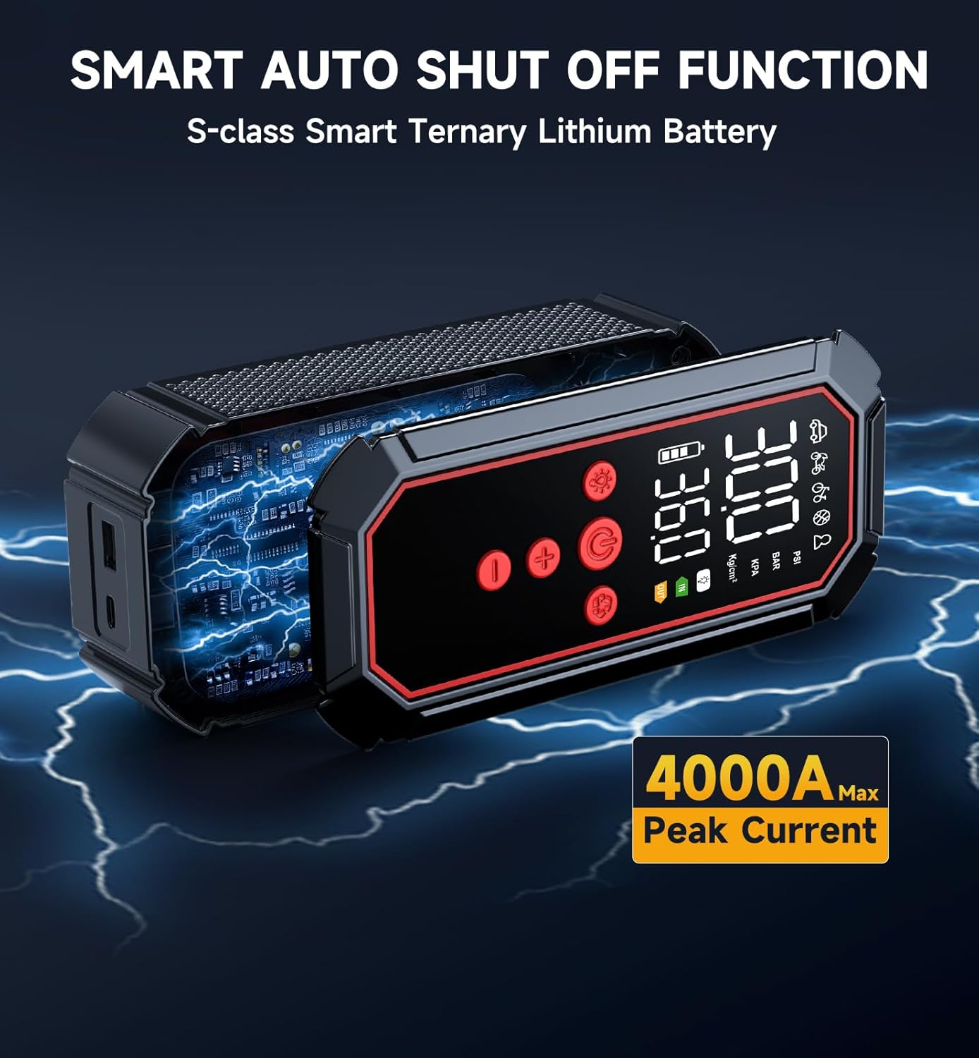 Portable Jump Starter with Air Compressor - 4000A Winter Car Battery Booster for SUVs  Trucks, Road Trip Essential with Tire Inflator  Power Bank for Interstate Travel