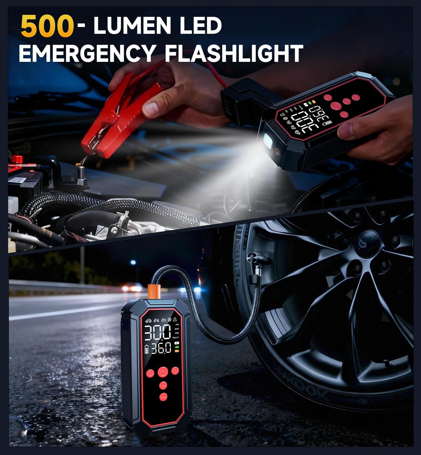 Portable Jump Starter with Air Compressor - 4000A Winter Car Battery Booster for SUVs  Trucks, Road Trip Essential with Tire Inflator  Power Bank for Interstate Travel