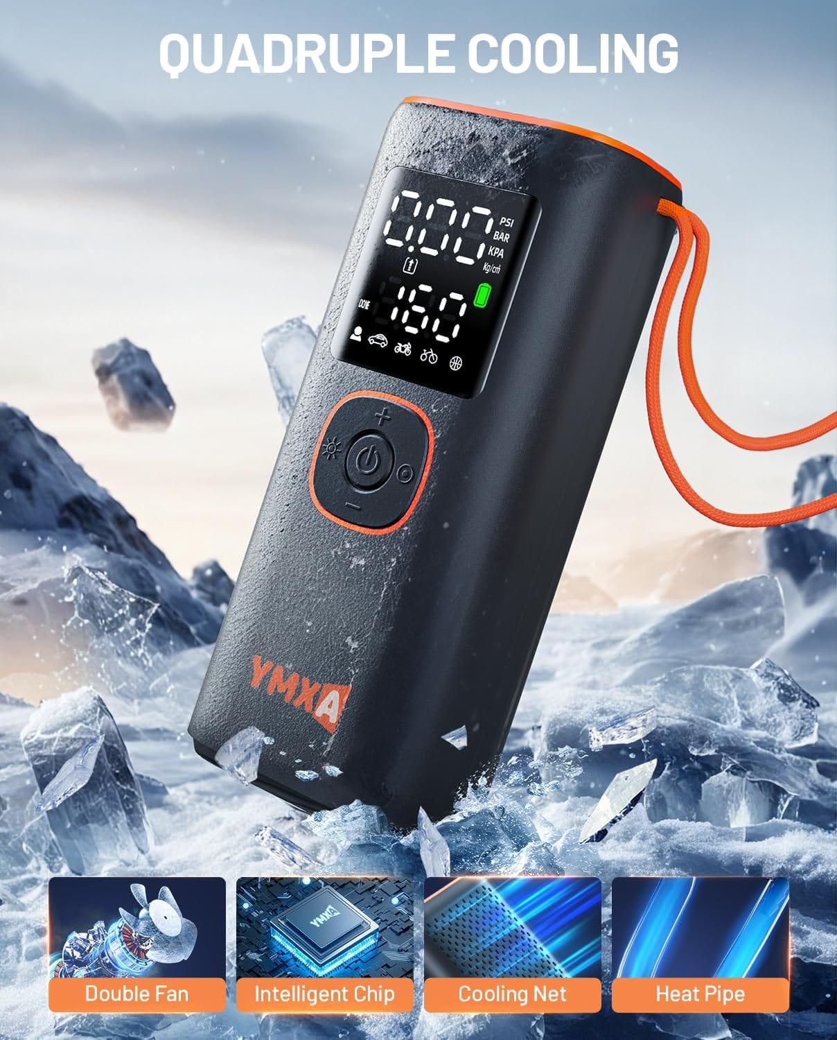 Portable Tire Inflator For Car - 5X Faster PSI, DC 12V Air Pump For Car Tires, Portable Air Compressor With Large Dual Digital Screen, Tire Air Pump For with Light Truck, Motorcycle, Bike