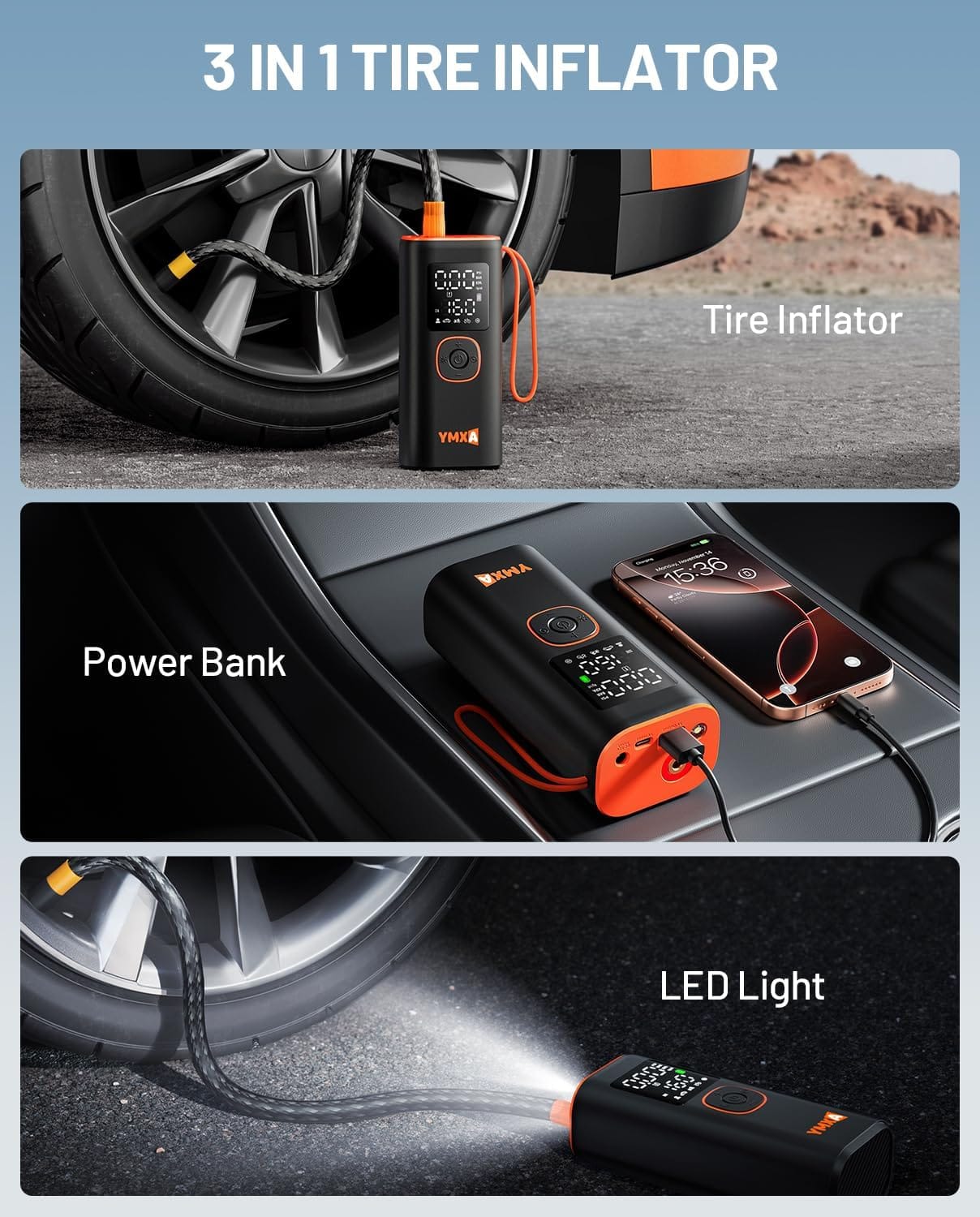 Portable Tire Inflator For Car - 5X Faster PSI, DC 12V Air Pump For Car Tires, Portable Air Compressor With Large Dual Digital Screen, Tire Air Pump For with Light Truck, Motorcycle, Bike