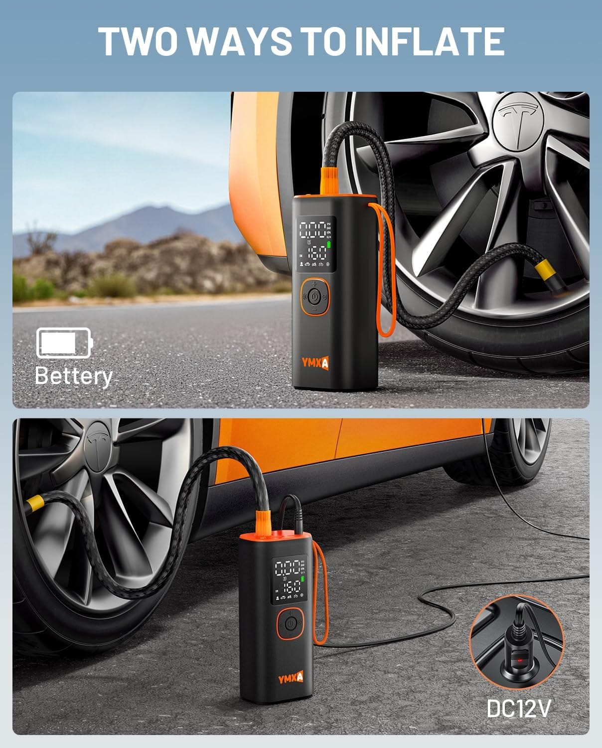 Portable Tire Inflator For Car - 5X Faster PSI, DC 12V Air Pump For Car Tires, Portable Air Compressor With Large Dual Digital Screen, Tire Air Pump For with Light Truck, Motorcycle, Bike