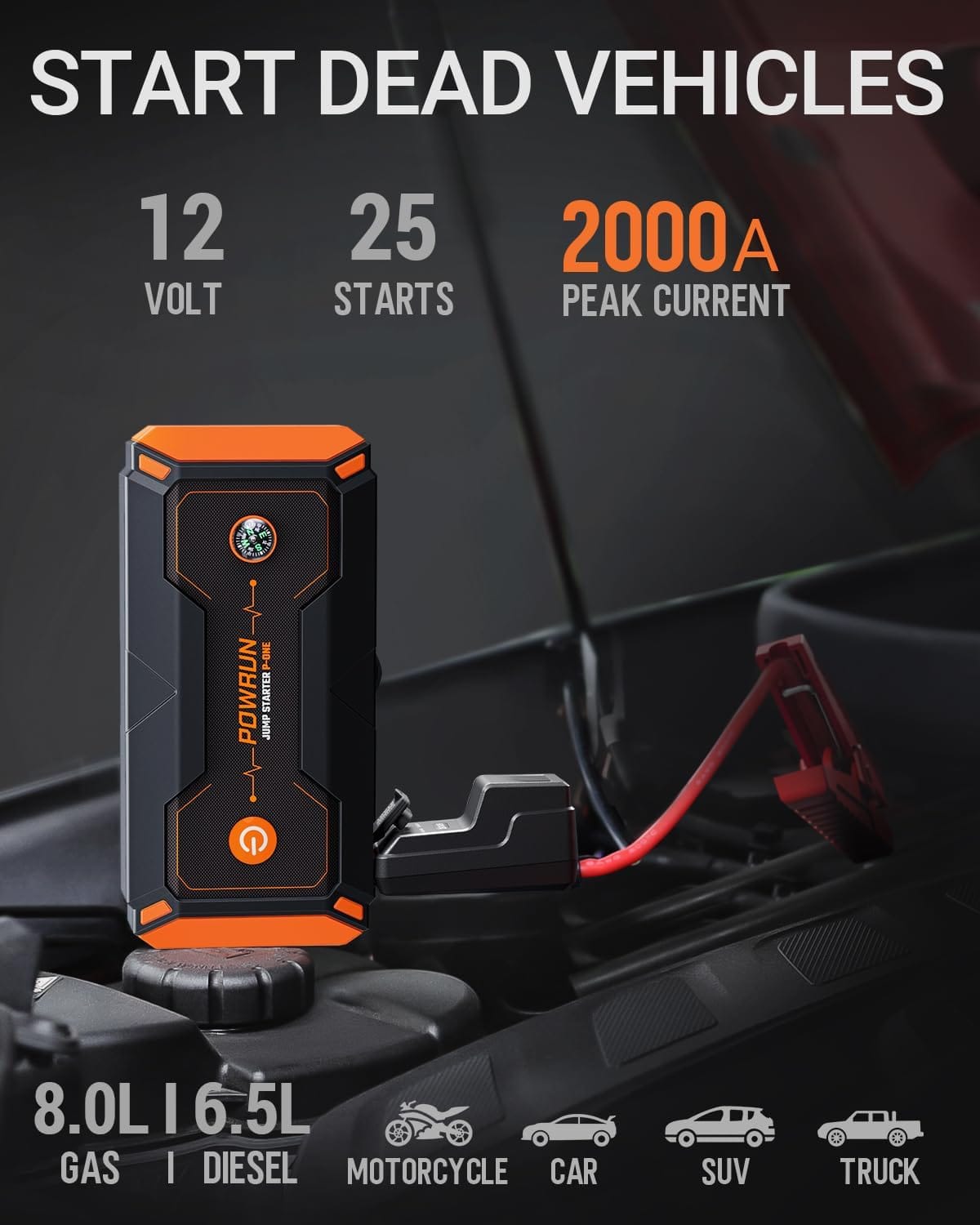 Powrun P-ONE Jump Starter, 2000A Portable Jump Box - Car Jump Starter Battery Pack for up to 8.0L Gas and 6.5L Diesel Engines, 12V Battery Jump Starter with Carry Case (Orange)
