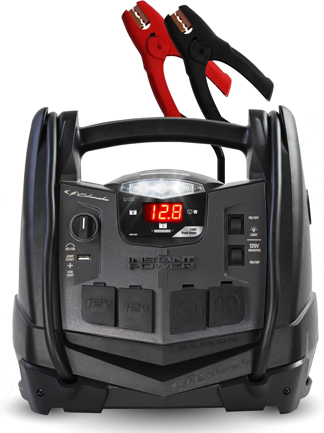 Schumacher Electric 1200A Car Battery Jump Starter and Portable Power Station, 6-in-1 Solution for 12V Batteries, 150-PSI Air Compressor, Continuous/400 Peak Watt Inverter, SJ1332
