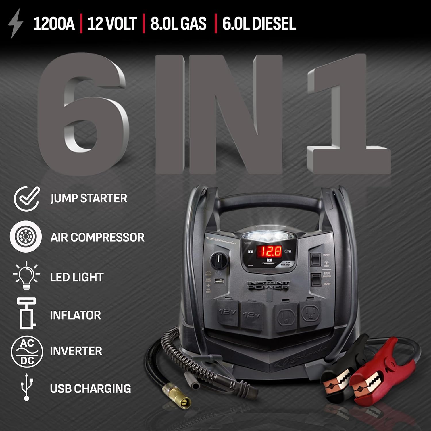 Schumacher Electric 1200A Car Battery Jump Starter and Portable Power Station, 6-in-1 Solution for 12V Batteries, 150-PSI Air Compressor, Continuous/400 Peak Watt Inverter, SJ1332