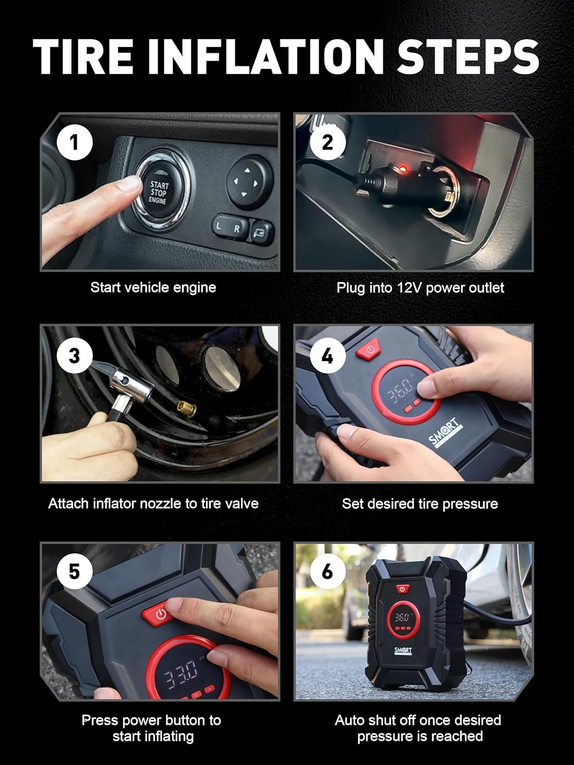 SMART JERRY - 12V Tire Inflator for Car | Digital Tire Inflator Portable Air Compressor for Truck | w/Auto Shut-Off  LED Light  Pressure Gauge | Max PSI Compact Design