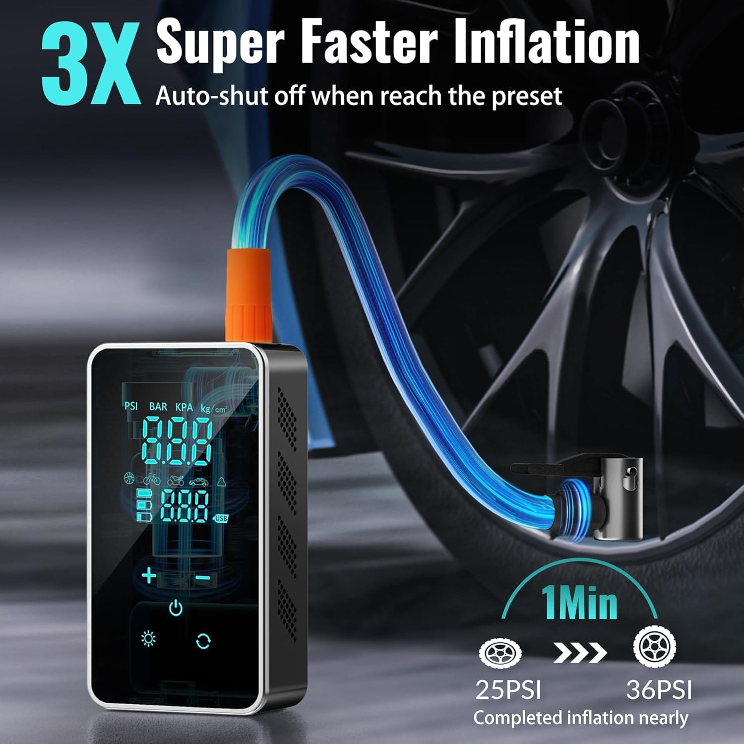 Tire Inflator Portable Air Compressor – PSI Air Pump Cordless, with Digital Gauge, Touchscreen Auto Shut-Off, LED Light for Car, Motorcycle, Bike and More