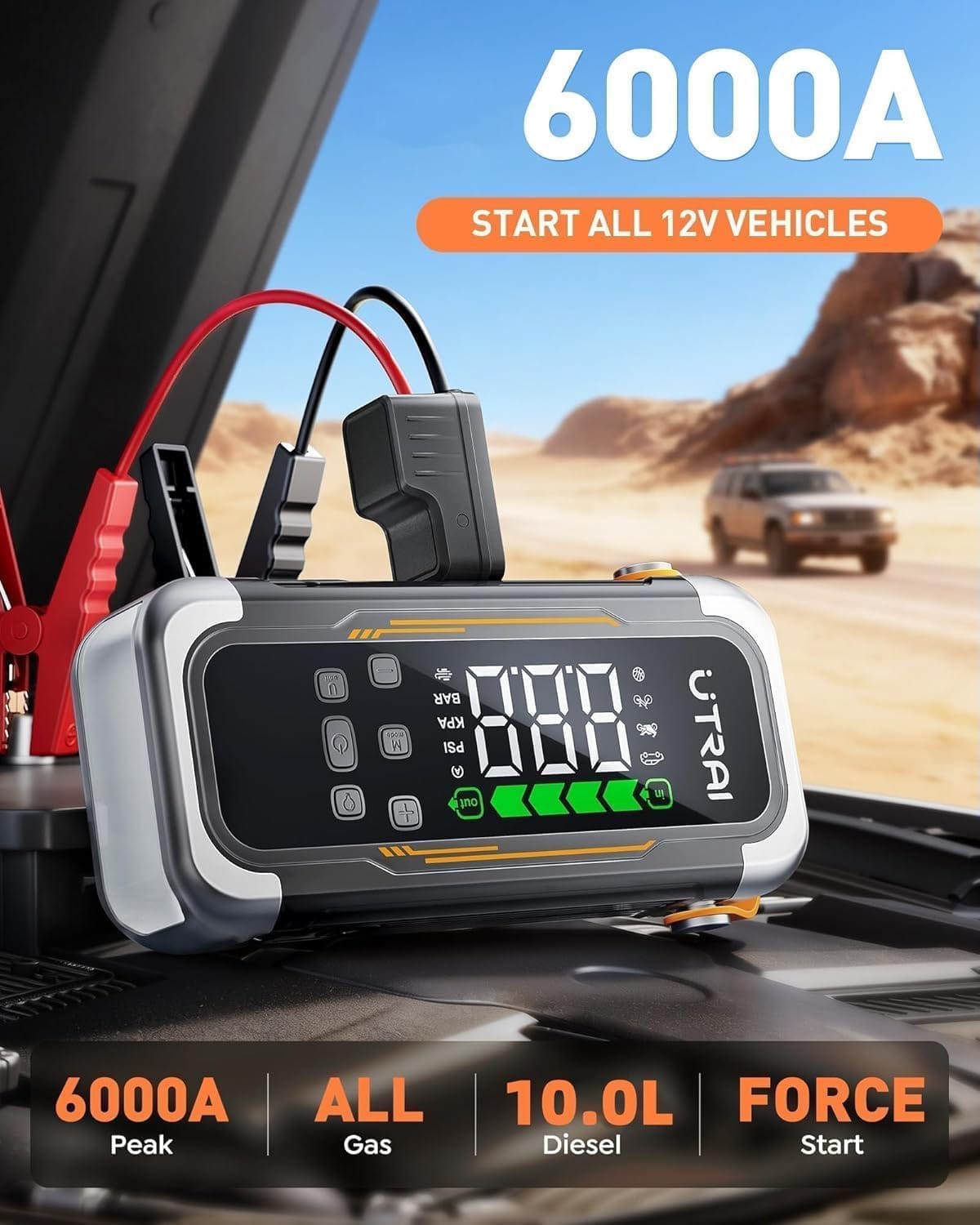 UTRAI Jump Starter with Air Compressor, 6000A Peak Battery Jumper Starter Portable (All Gas  10.0L Diesel) with 150PSI Tire Inflator  Air Blower, PD 30W Fast Charge, 12V Jump Box Jump Pack