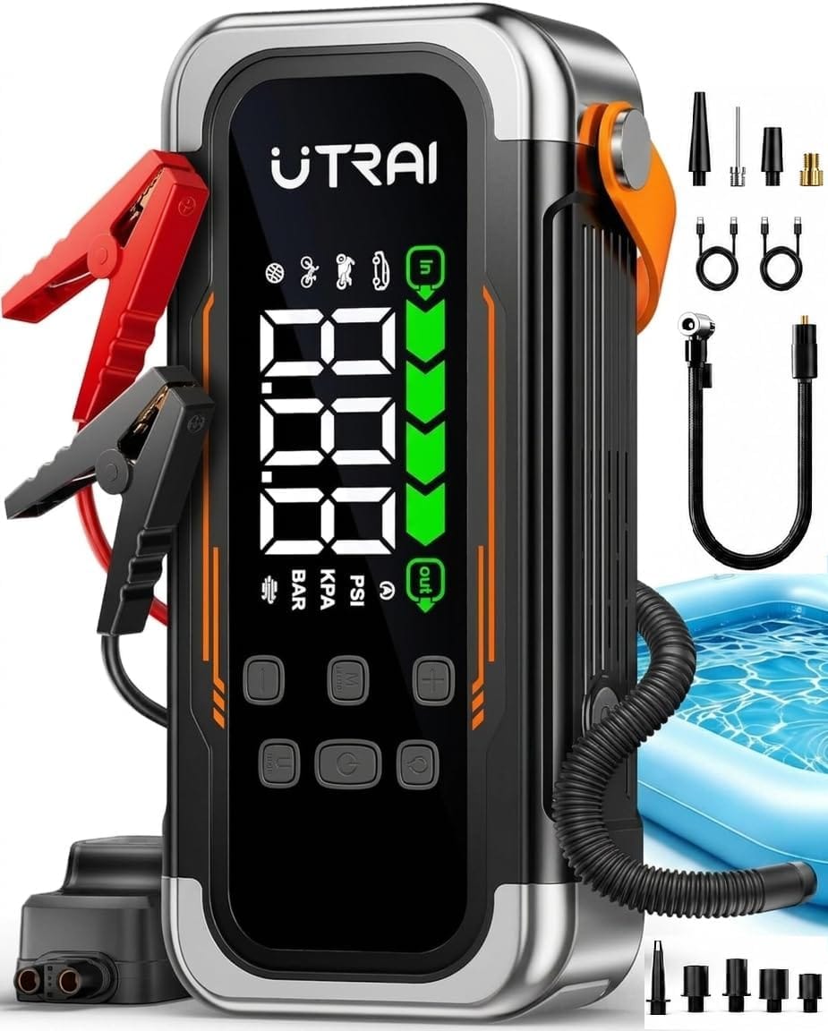 UTRAI Jump Starter with Air Compressor, 6000A Peak Battery Jumper Starter Portable (All Gas  10.0L Diesel) with 150PSI Tire Inflator  Air Blower, PD 30W Fast Charge, 12V Jump Box Jump Pack