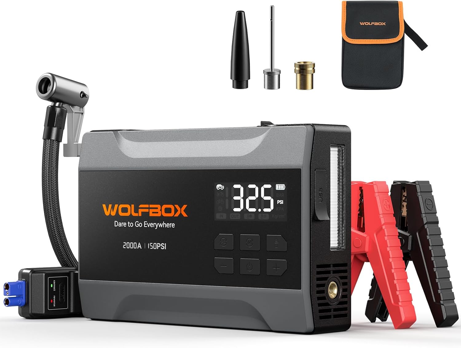 WOLFBOX 3000A Jump Starter with Air Compressor, 59.2Wh160PSI Portable Car Battery Jump Starter with 65W Fast Charging, 12V Battery Pack (8L Gas 6L Diesel Engine) with Boost, Light and Jumper Cables