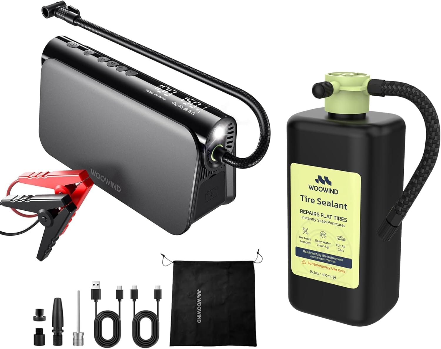 Woowind Jump Starter with Air Compressor 3-in-1 Car Battery Booster, 65W Power Bank, PSI Portable Tire Inflator for 6.0L Gas, 3.0L Diesel Engines, 16000mAh Battery Booster with LED Light