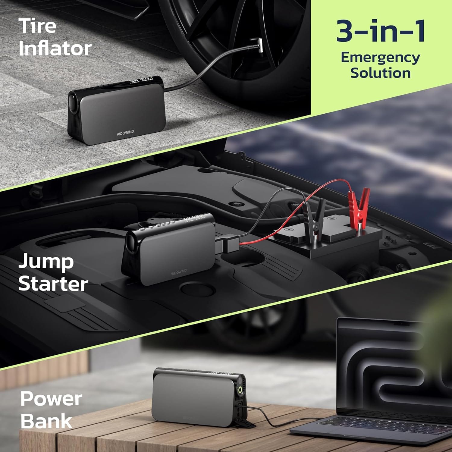 Woowind Jump Starter with Air Compressor 3-in-1 Car Battery Booster, 65W Power Bank, PSI Portable Tire Inflator for 6.0L Gas, 3.0L Diesel Engines, 16000mAh Battery Booster with LED Light